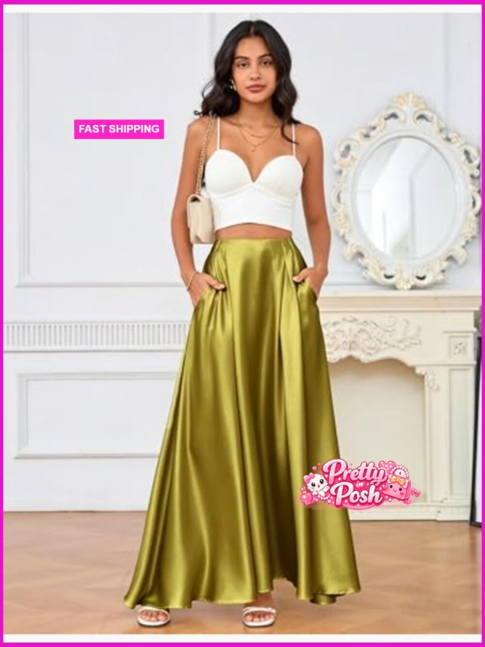 High Waisted Flowy Maxi Skirt with Pockets Satin - Picture 2 of 6